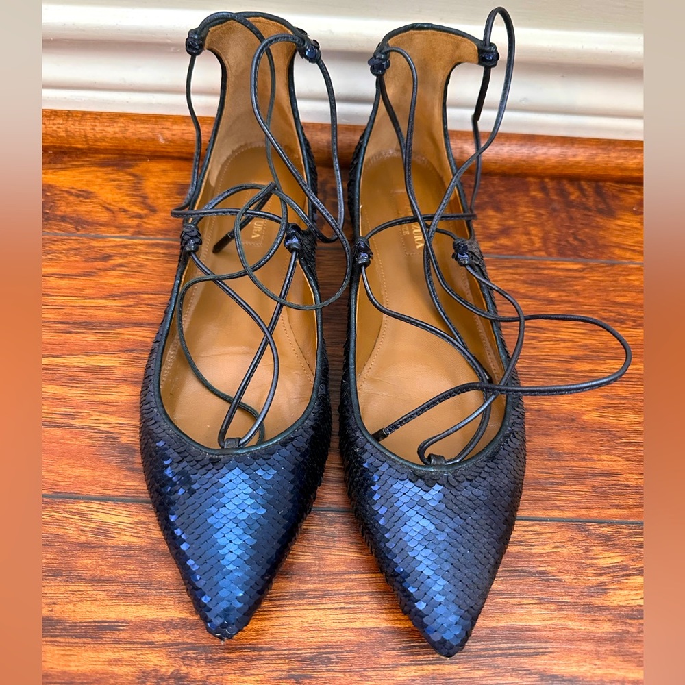 Aquazzura Blue Sequin lace-up flats